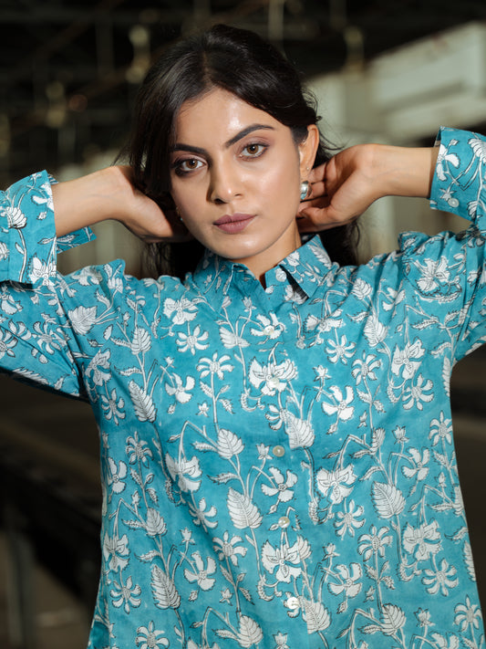 Aqua Botanical Handblock Shirt