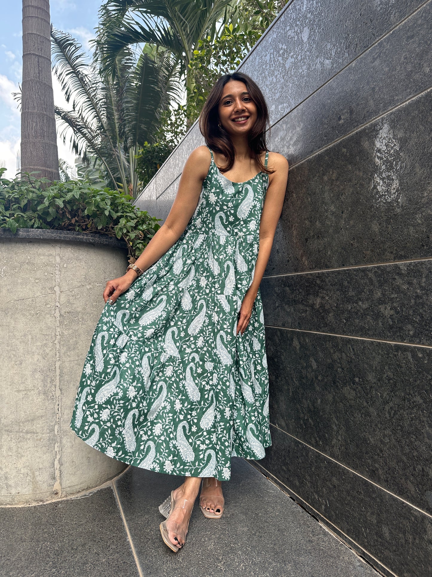 Green Paisley Strappy MIDI Dress