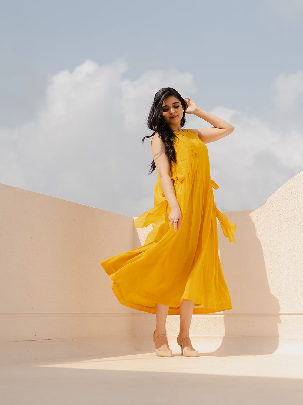 Mia Mul Chanderi Mustard Sleeveless Midi Dress