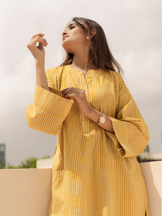 Mustard Striped Oversized Kurta Set