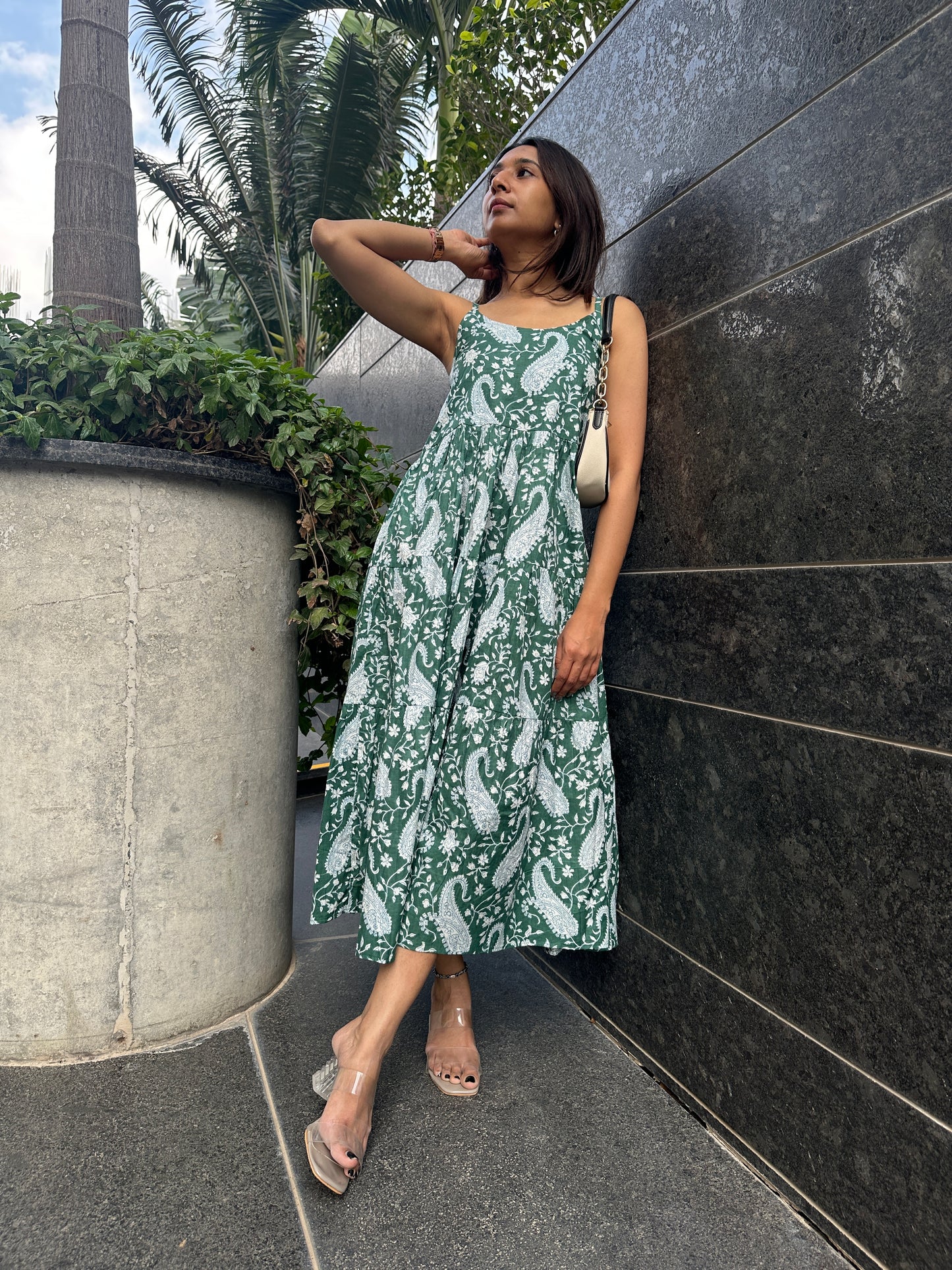 Green Paisley Strappy MIDI Dress