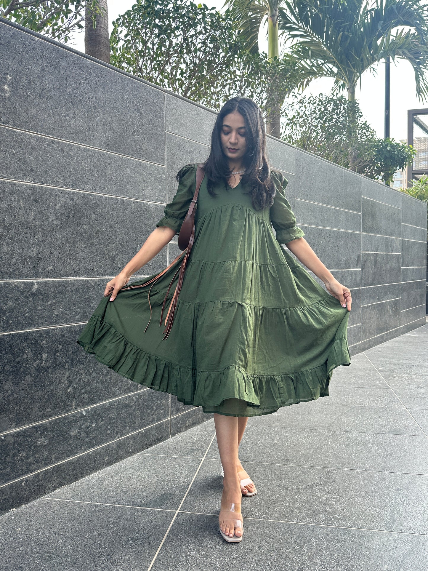 Olive Green MIDI Dress with Lining