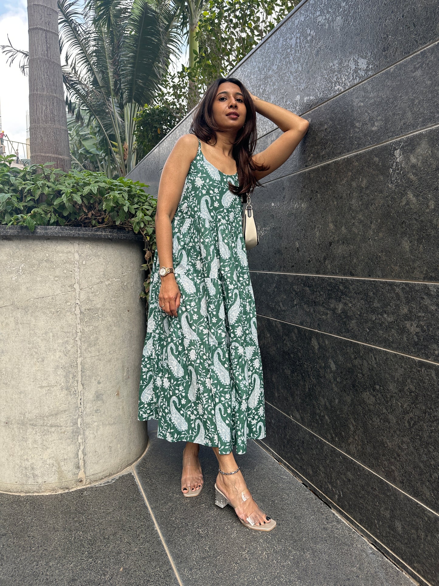 Green Paisley Strappy MIDI Dress