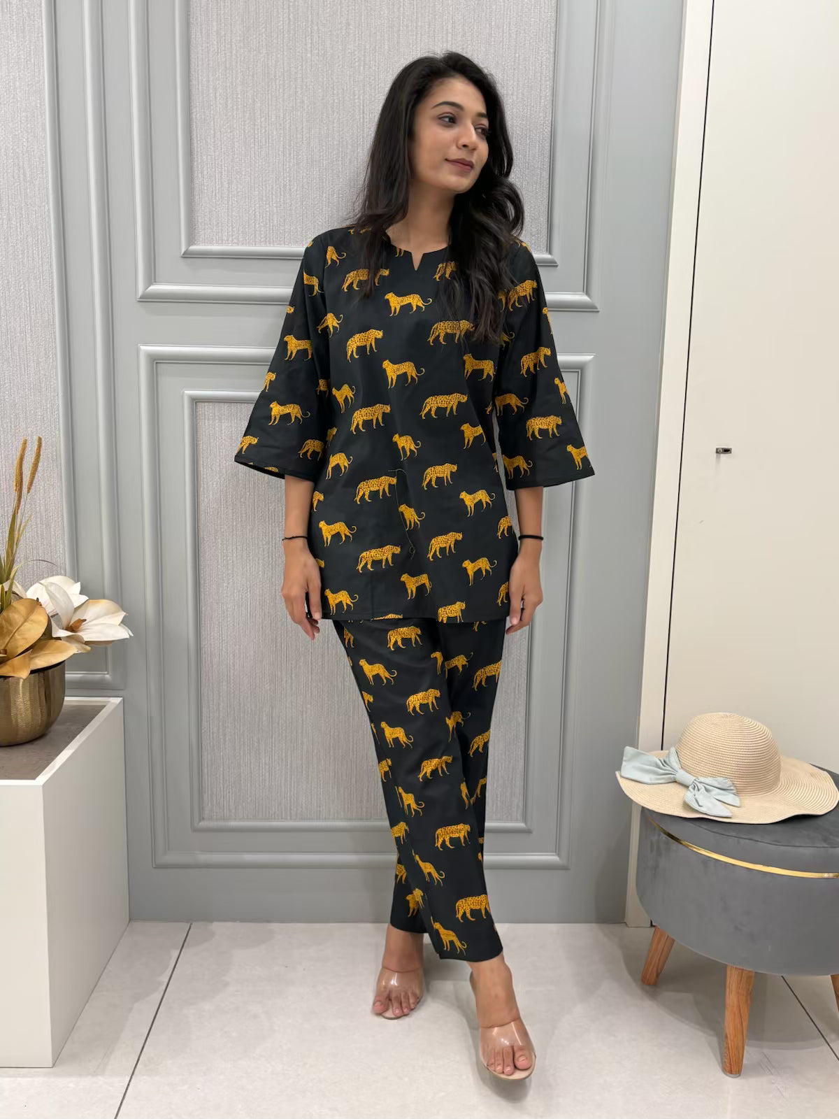 Leopard Black Cotton Pyjama Set