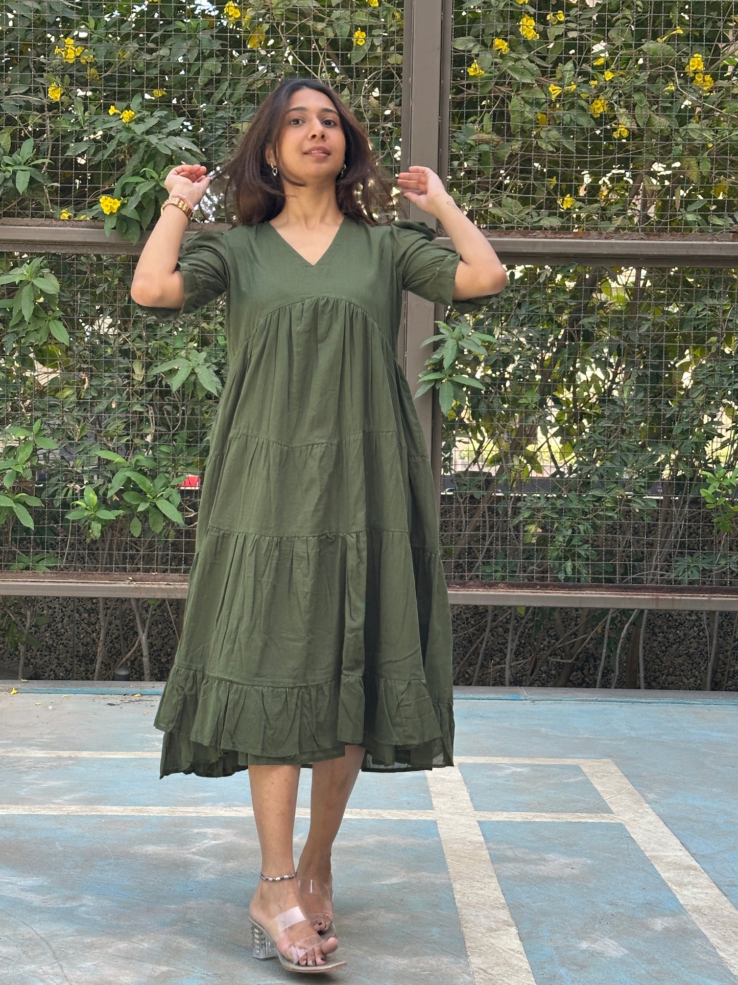 Olive Green MIDI Dress with Lining
