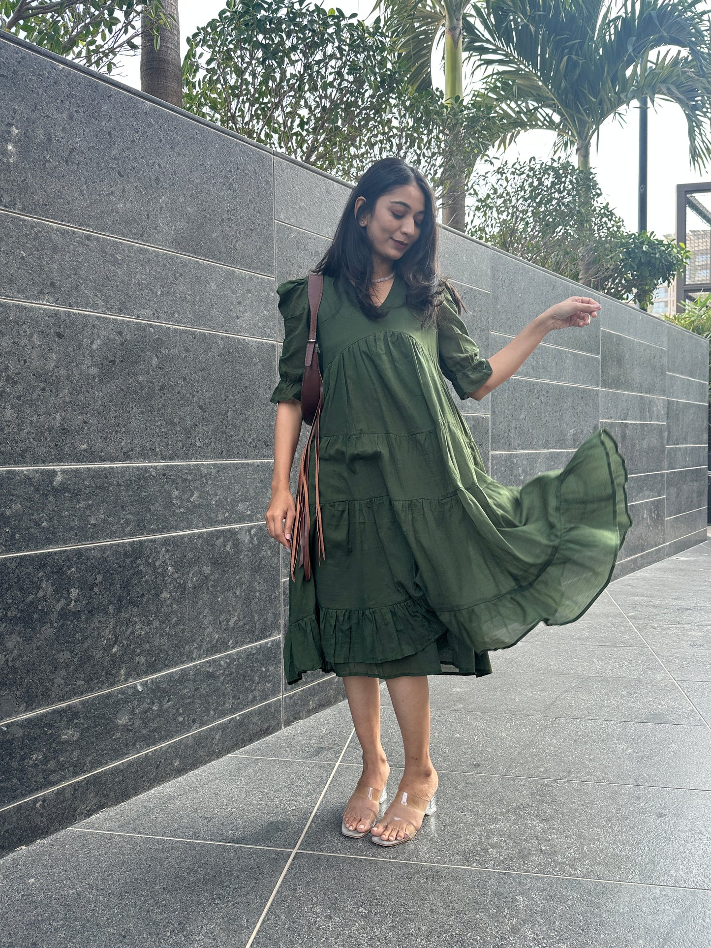 Olive Green MIDI Dress with Lining