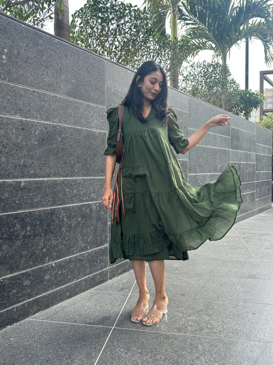 Olive Green Fairytale MIDI Dress with Lining