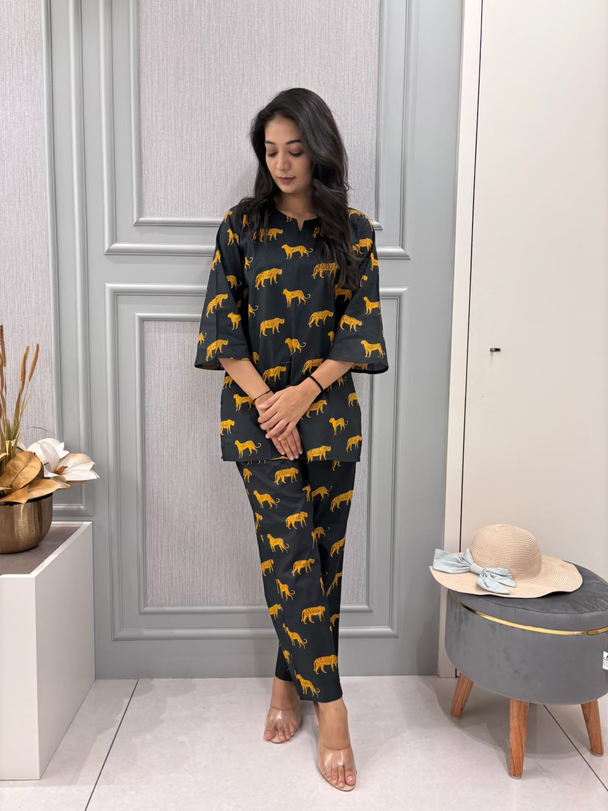 Leopard Black Cotton Pyjama Set