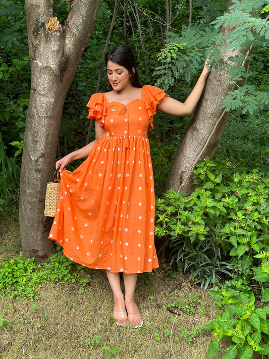 Orange Bandhani MIDI Dress