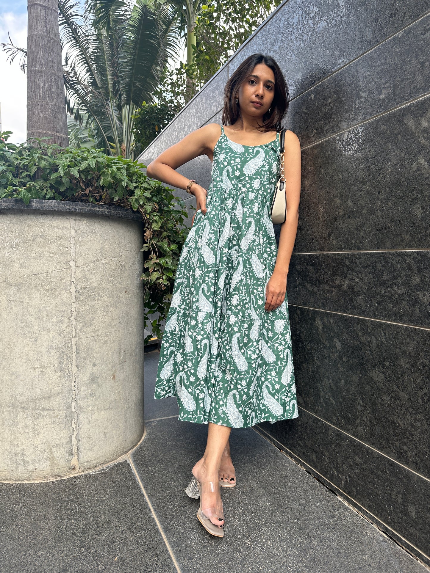 Green Paisley Strappy MIDI Dress