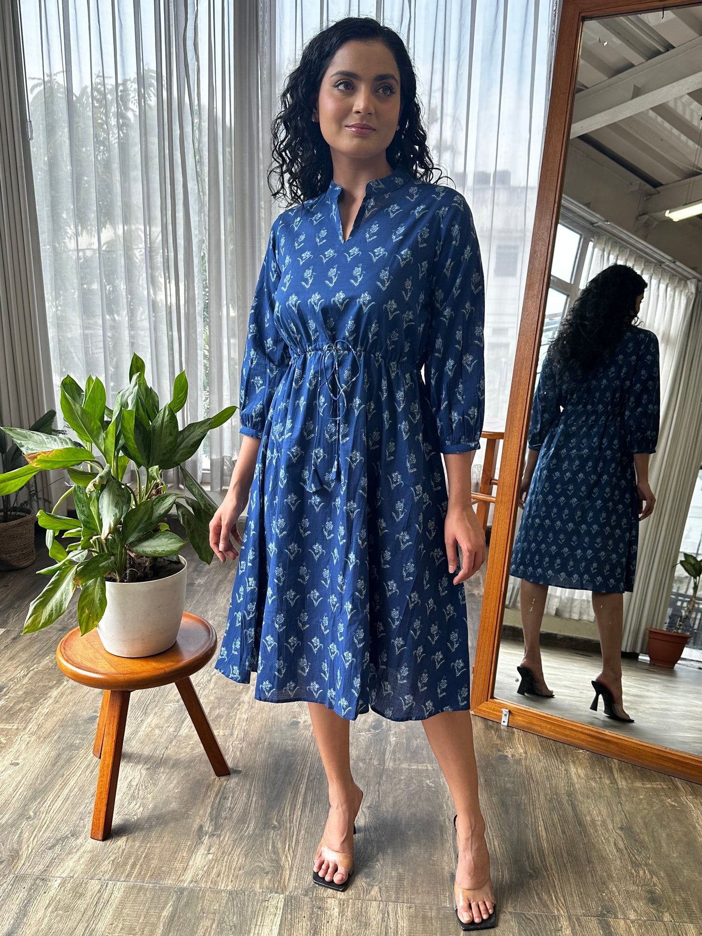 Blue Fleur Cotton MIDI Dress