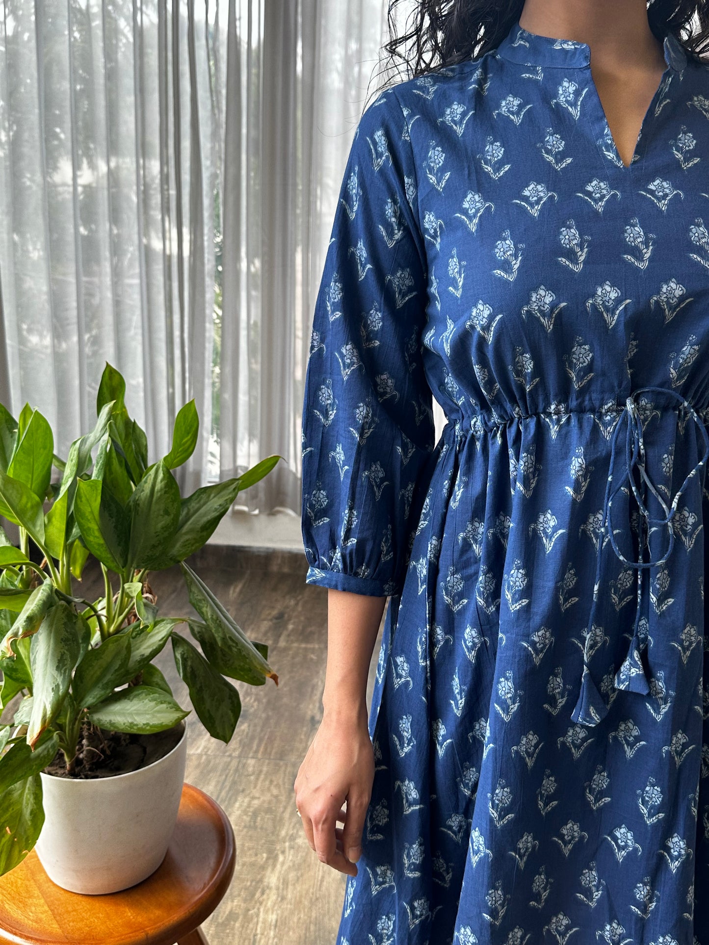 Blue Fleur Cotton MIDI Dress