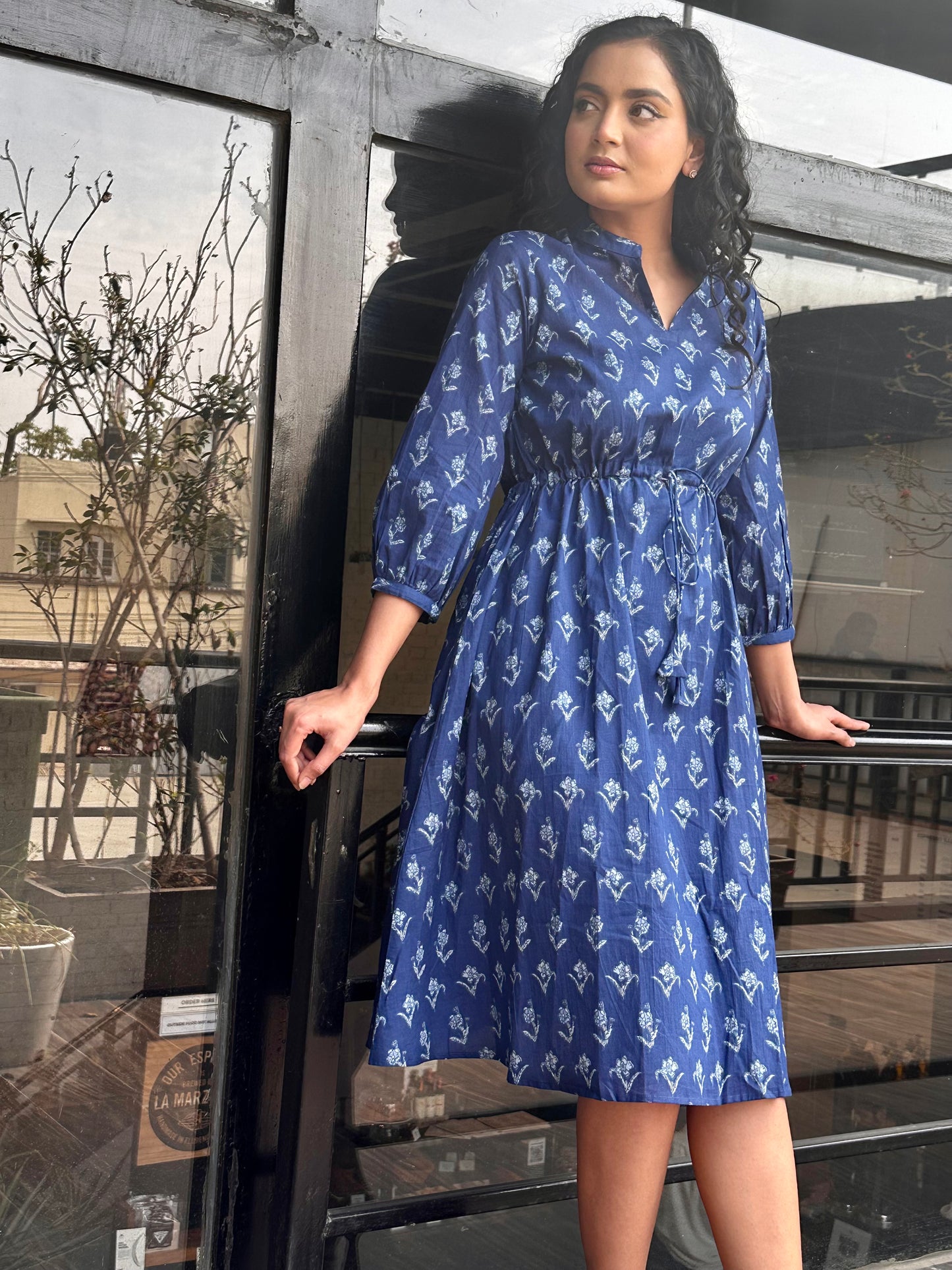 Blue Fleur Cotton MIDI Dress