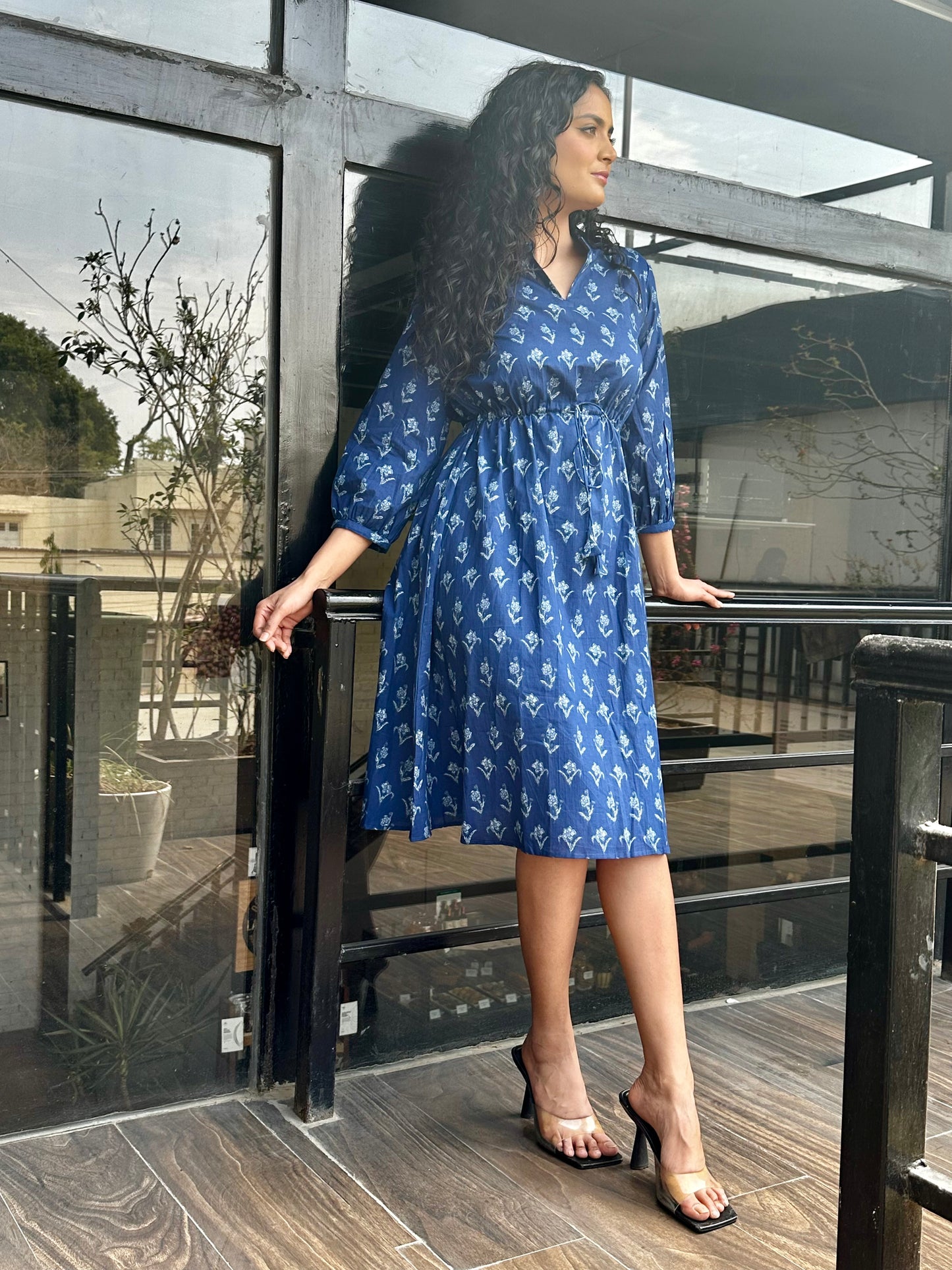 Blue Fleur Cotton MIDI Dress