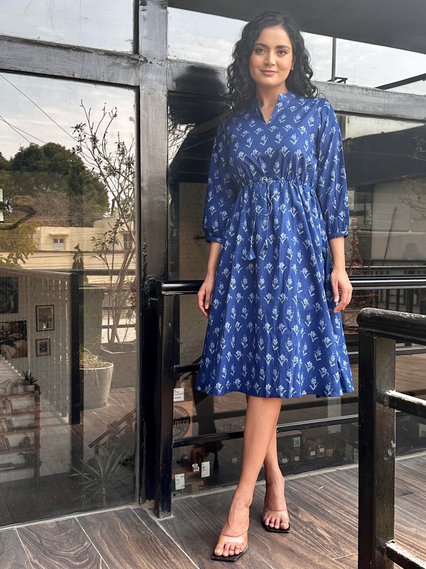 Blue Fleur Cotton MIDI Dress