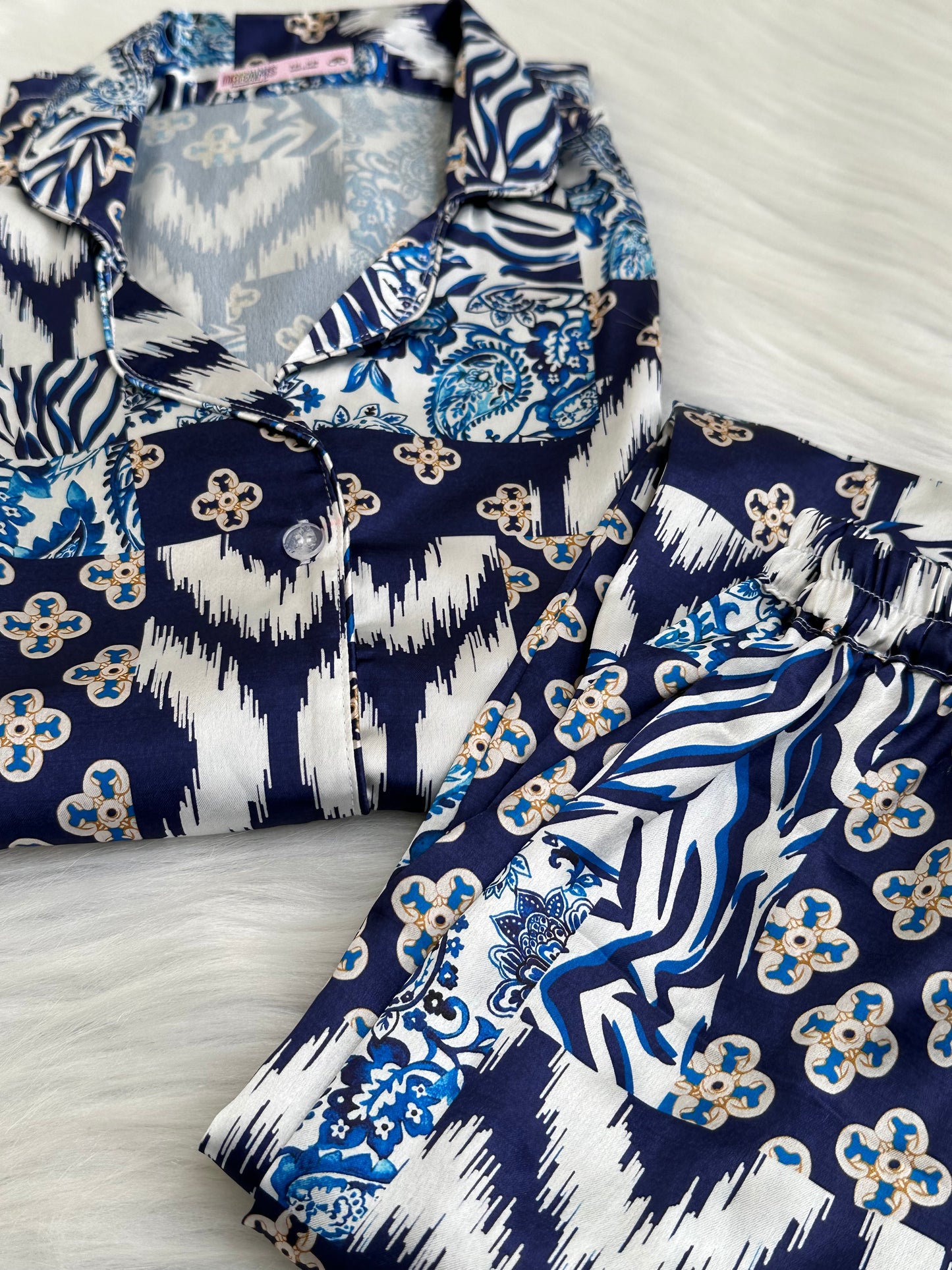 Blue Patchwork Print Pyjama Set - Satin