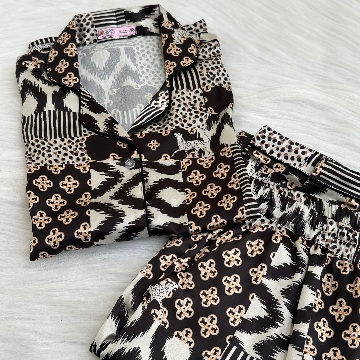 Black Patchwork Print Pyjama Set - Satin