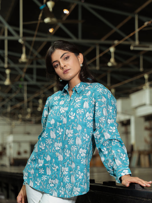 Aqua Botanical Handblock Shirt