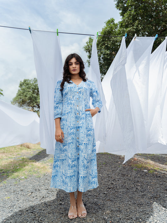 Blue Scenic Cotton Midi Dress