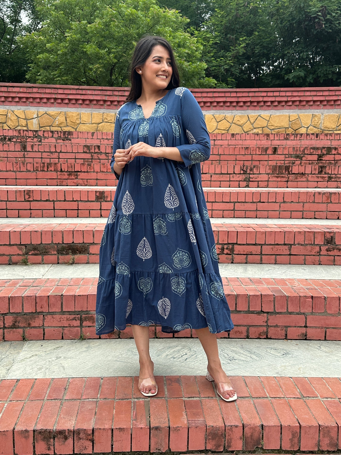 Blue Paradise Block Print Midi Dress With Inner