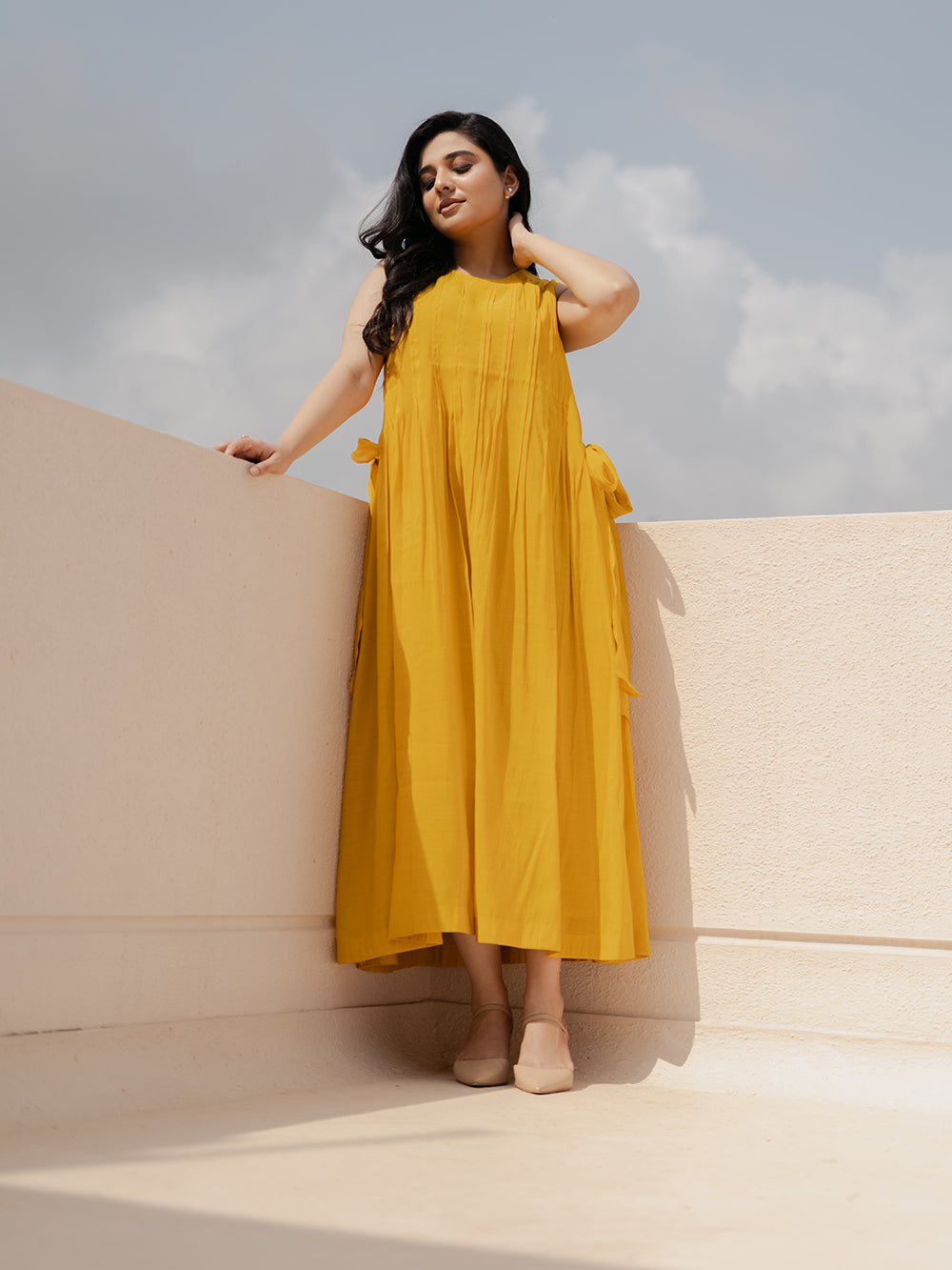 Mia Mul Chanderi Mustard Sleeveless Midi Dress