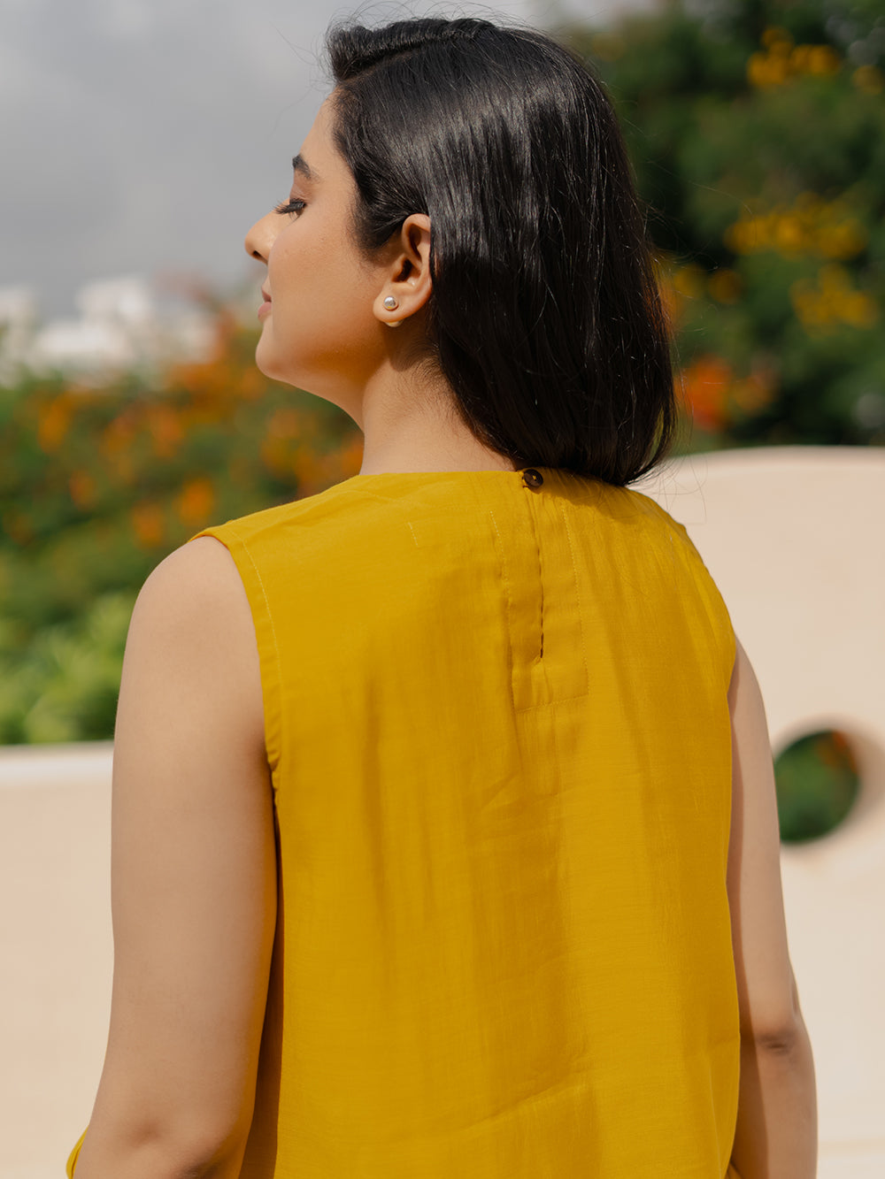 Mia Mul Chanderi Mustard Sleeveless Midi Dress
