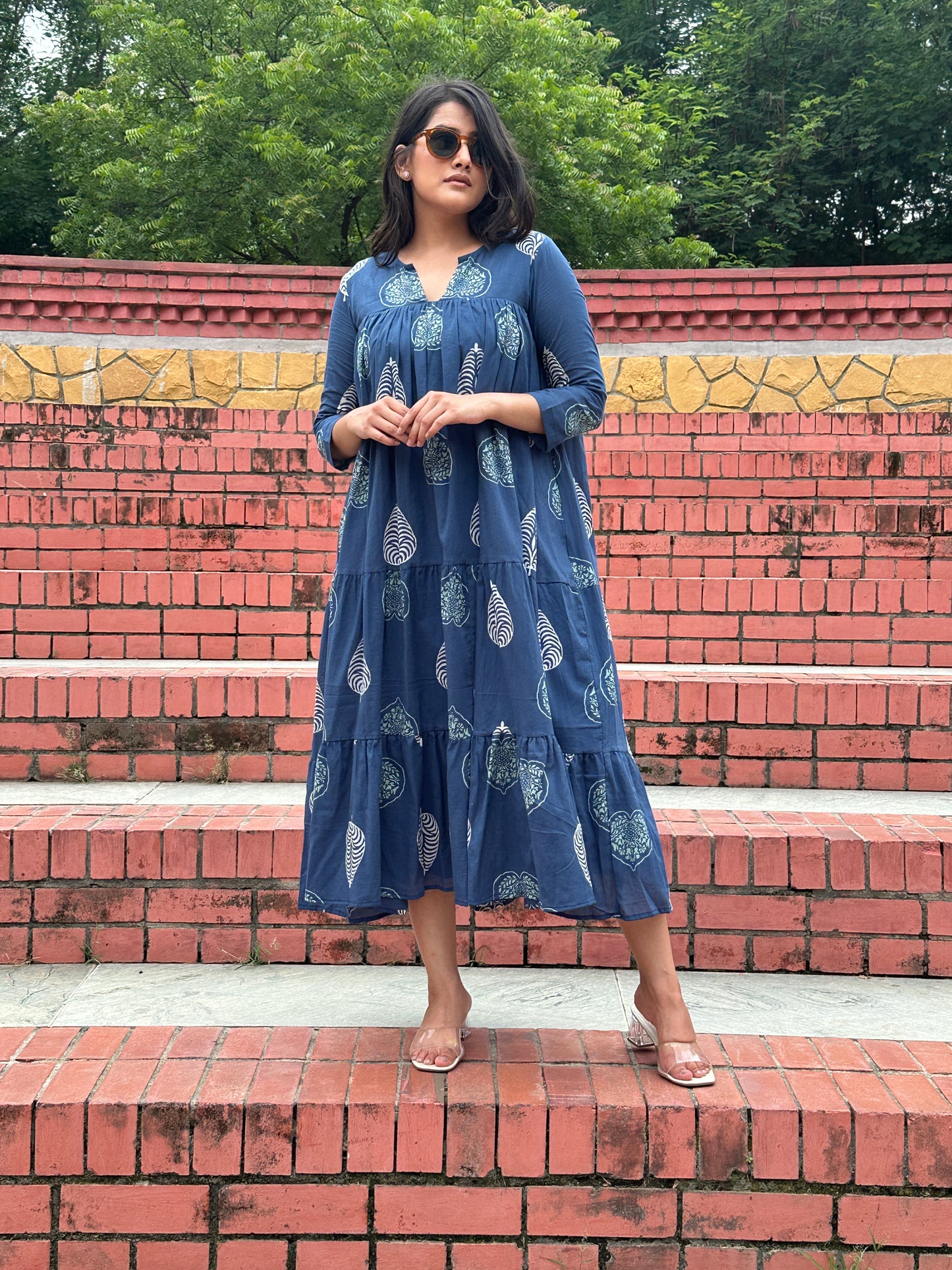 Blue Paradise Block Print Midi Dress With Inner