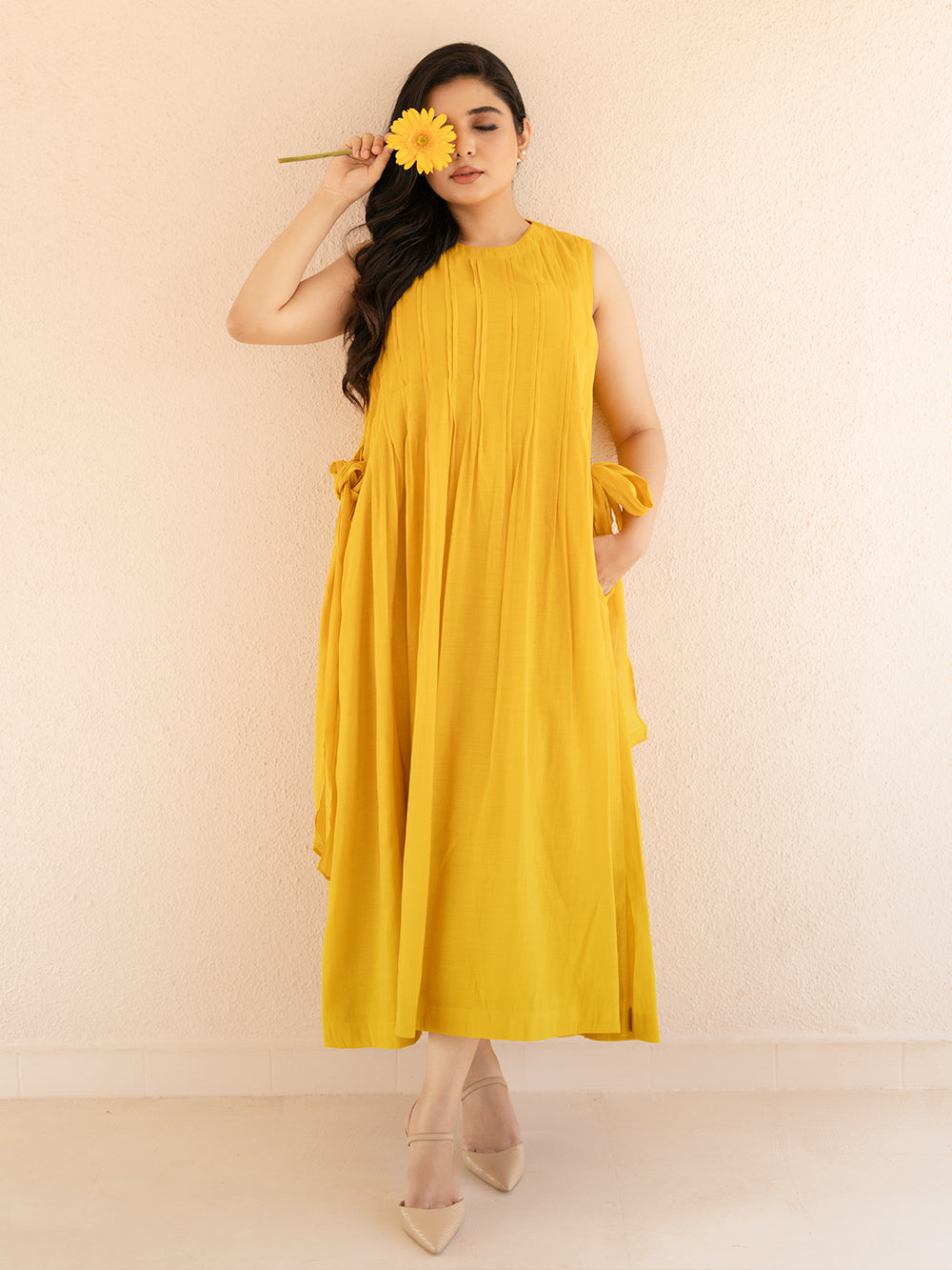 Mia Mul Chanderi Mustard Sleeveless Midi Dress
