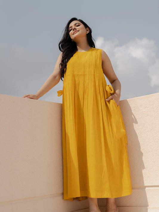 Mia Mul Chanderi Mustard Sleeveless Midi Dress