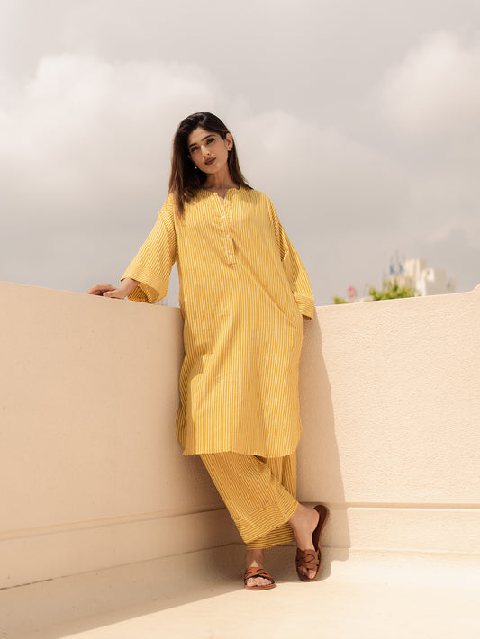 Mustard Striped Oversized Kurta Set
