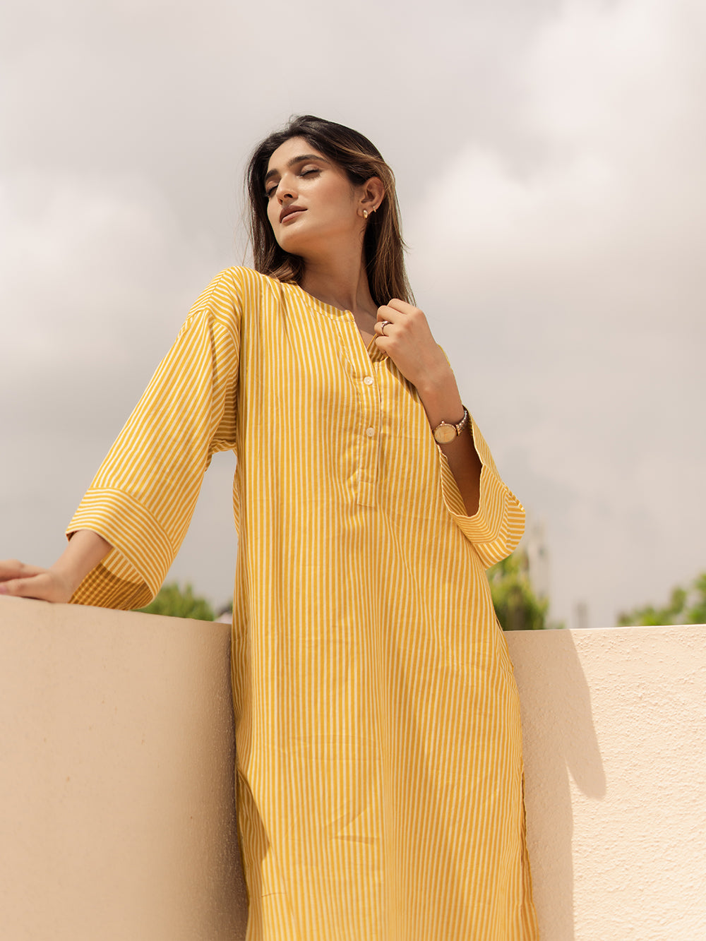 Mustard Striped Oversized Kurta Set