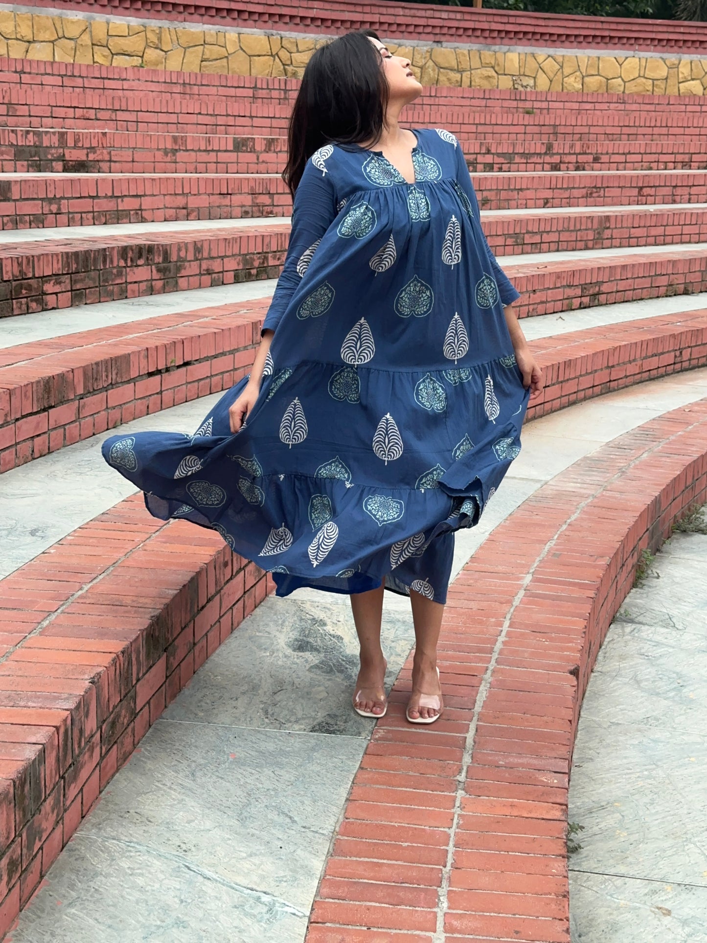 Blue Paradise Block Print Midi Dress With Inner