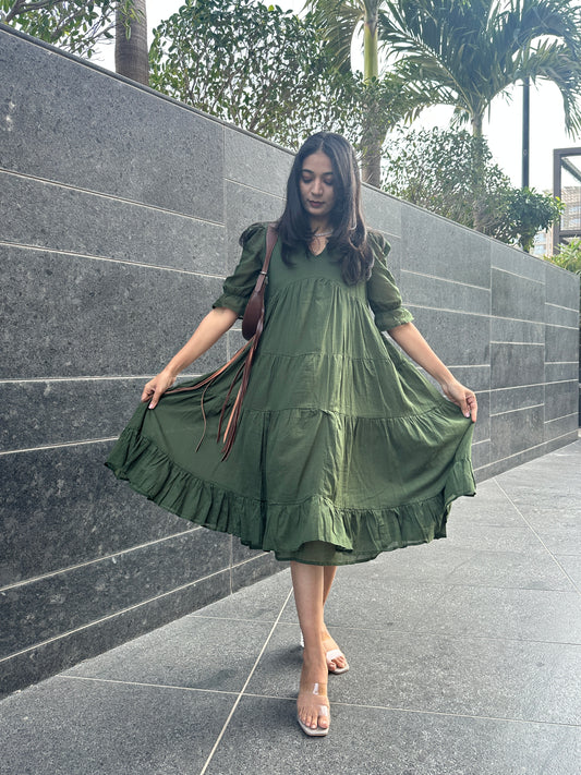 Olive Green MIDI Dress with Lining