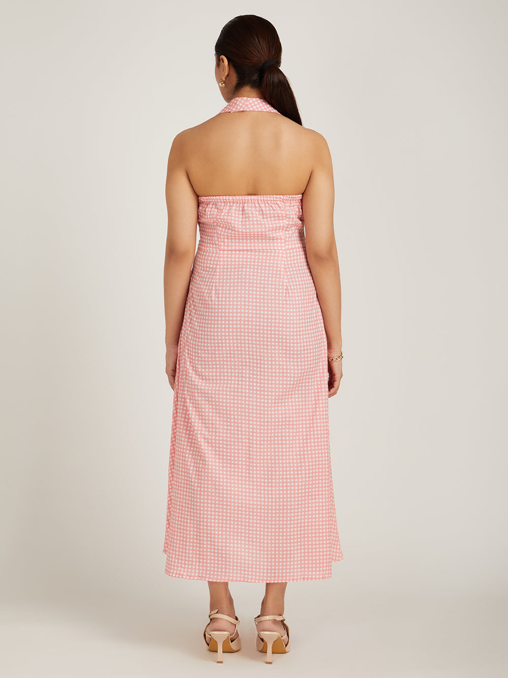 Coral Checkered Halter Dress