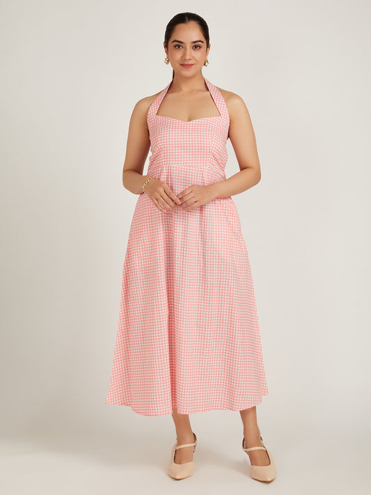 Coral Checkered Halter Dress