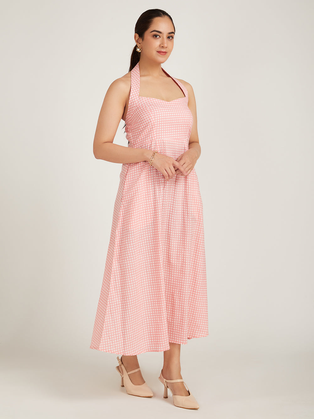 Coral Checkered Halter Dress