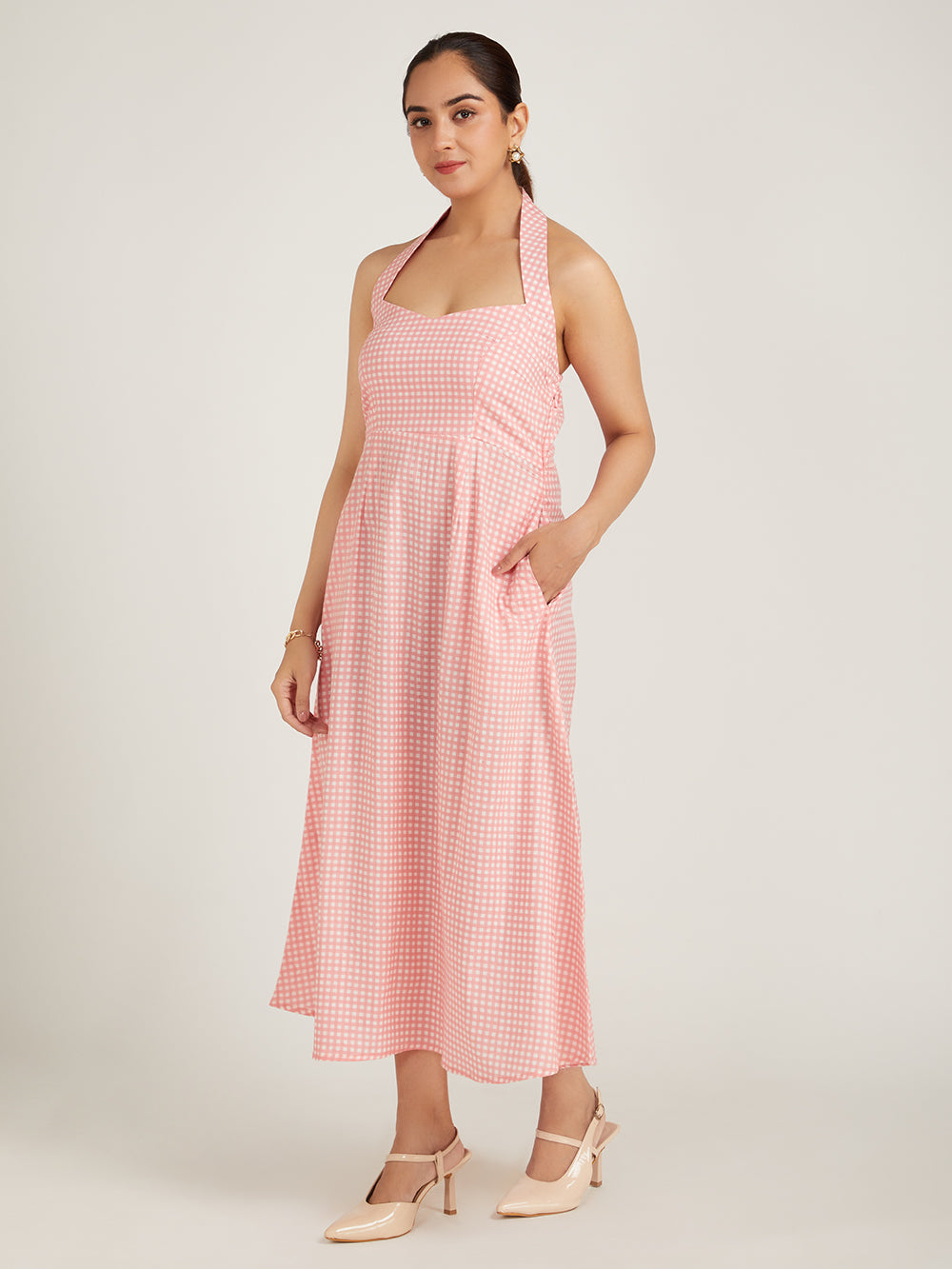 Coral Checkered Halter Dress