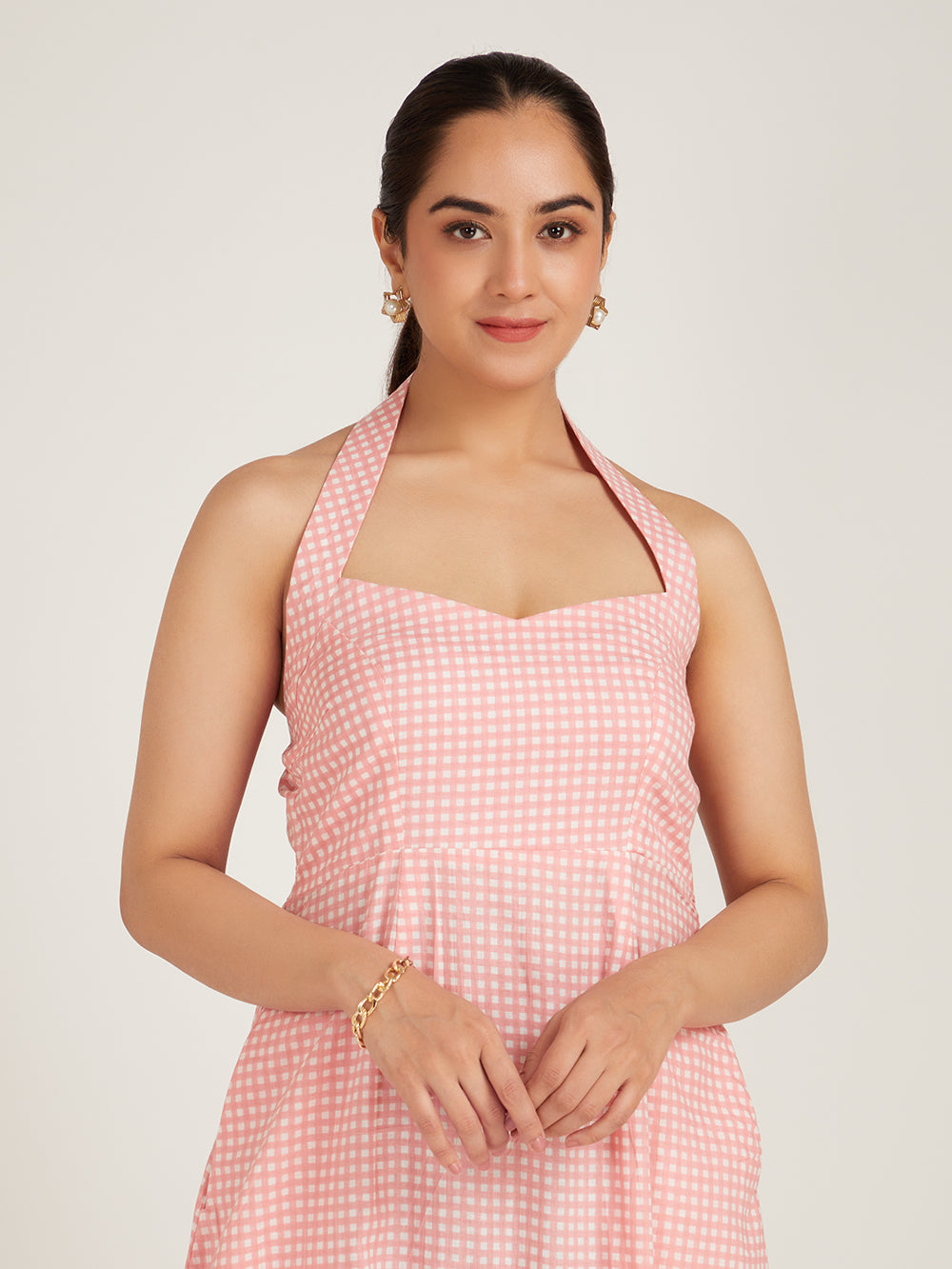 Coral Checkered Halter Dress