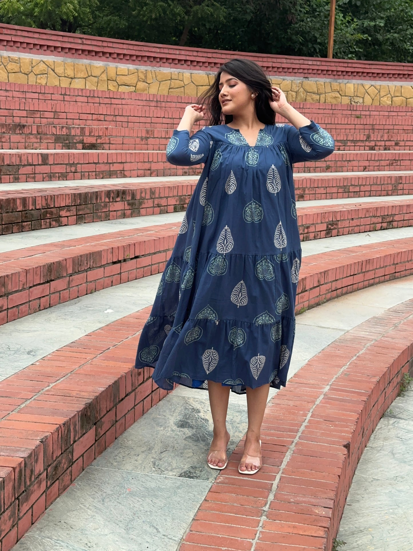Blue Paradise Block Print Midi Dress With Inner