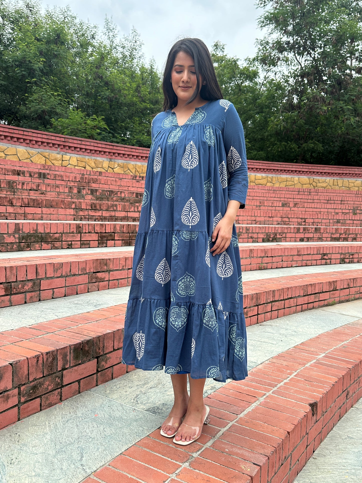 Blue Paradise Block Print Midi Dress With Inner
