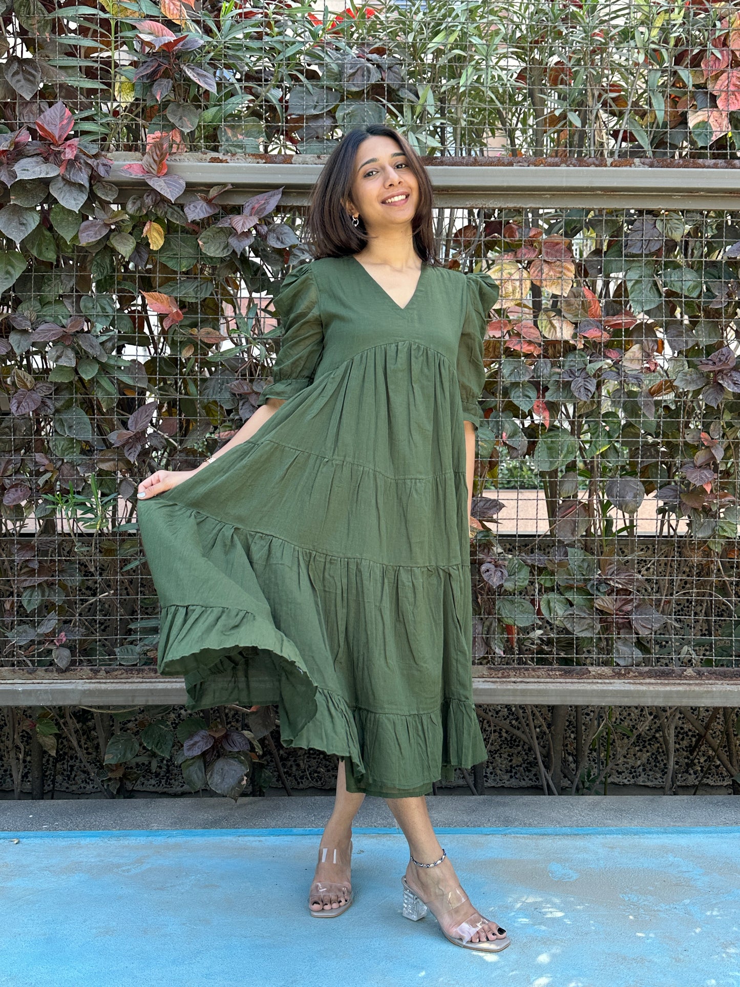 Olive Green MIDI Dress with Lining