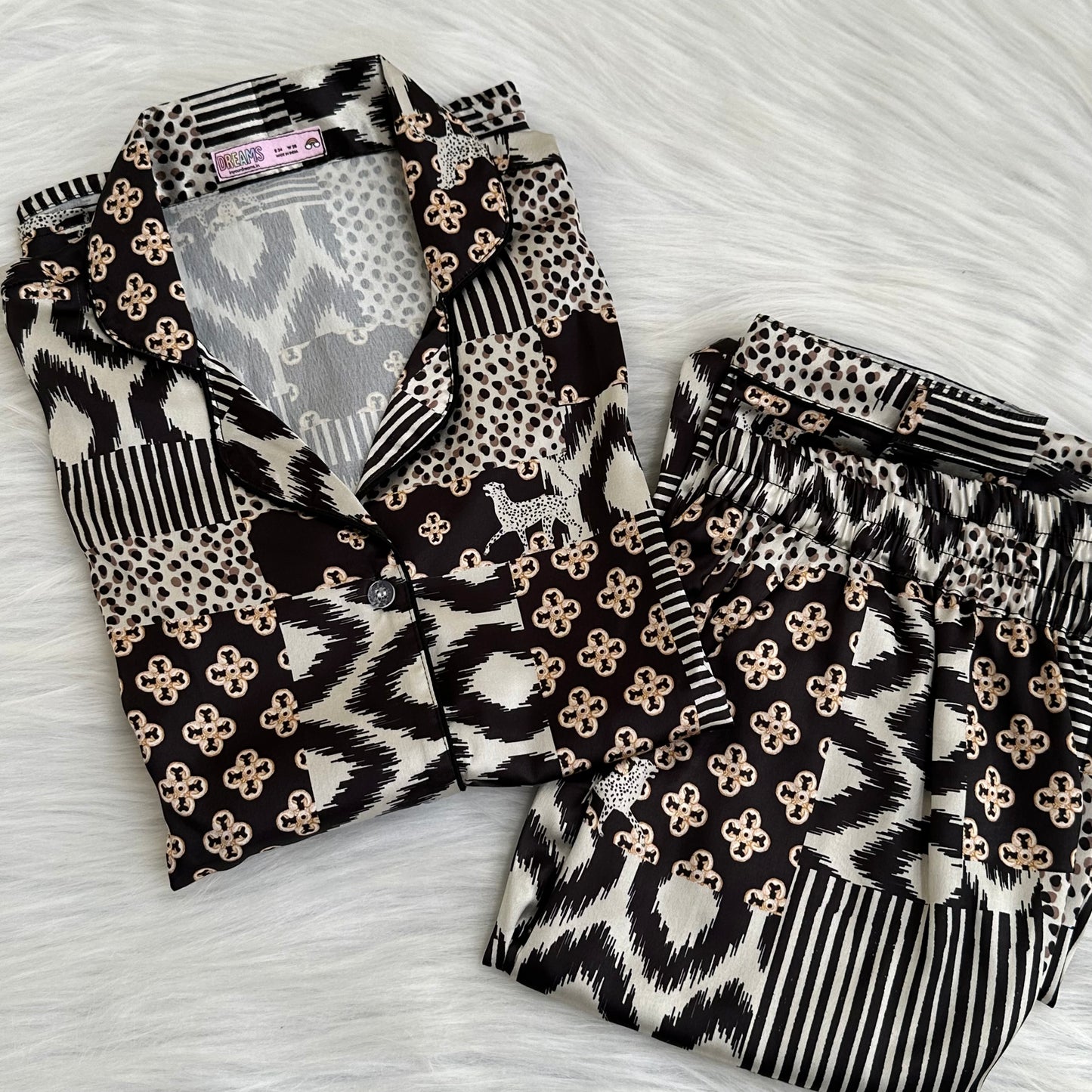 Black Patchwork Print Pyjama Set - Satin
