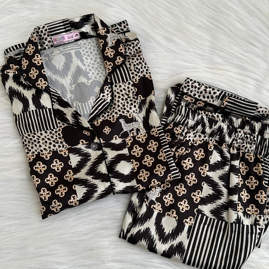 Black Patchwork Print Pyjama Set - Satin