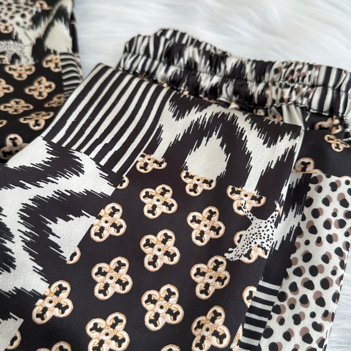 Black Patchwork Print Pyjama Set - Satin