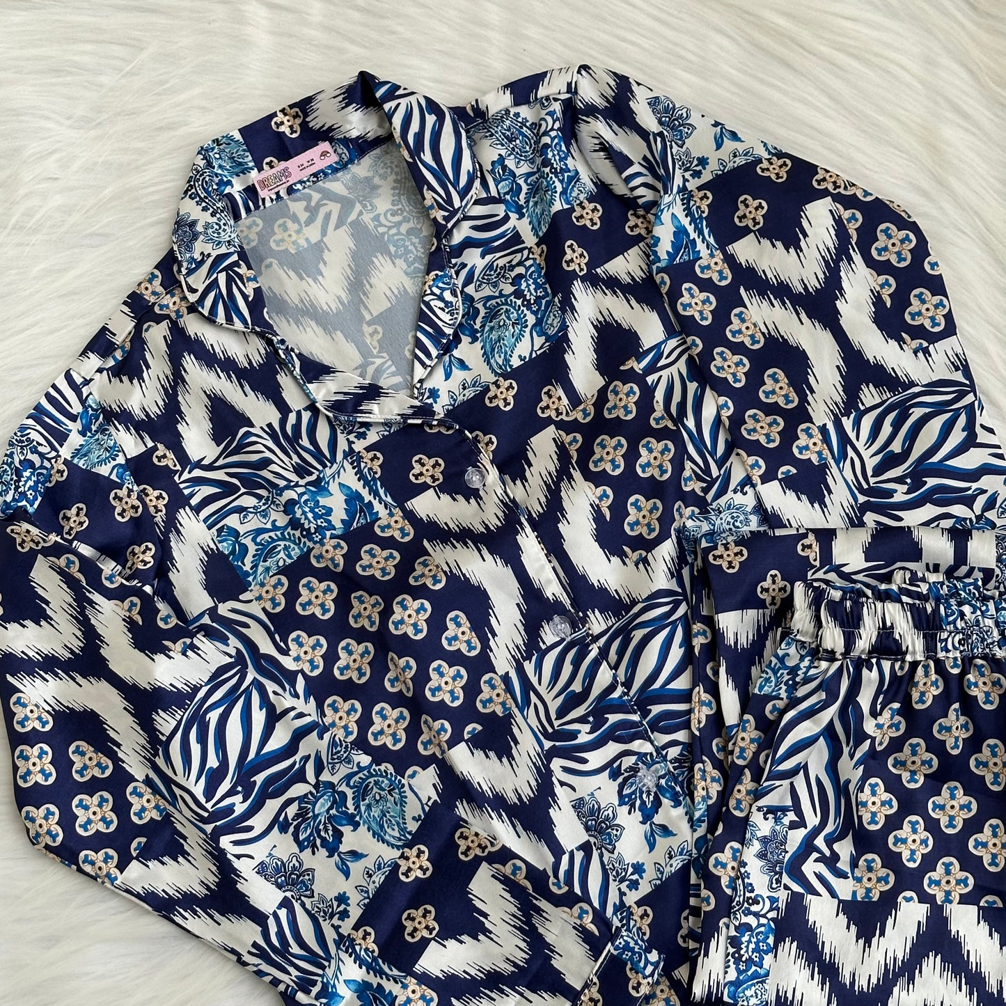 Blue Patchwork Print Pyjama Set - Satin