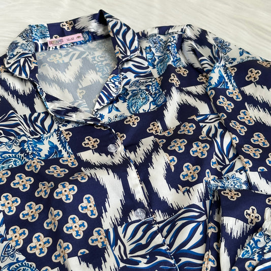 Blue Patchwork Print Pyjama Set - Satin