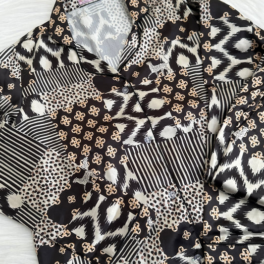 Black Patchwork Print Pyjama Set - Satin