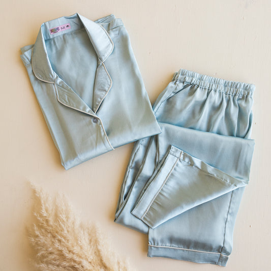 Ice Blue - Solid Satin PJ Set